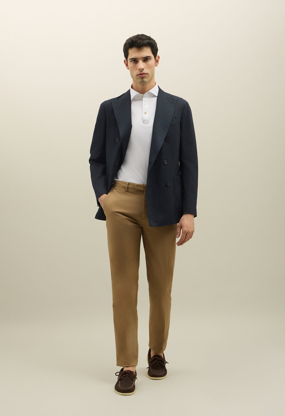 Blue Cotton Linen Twill Double-Breasted K-Jacket