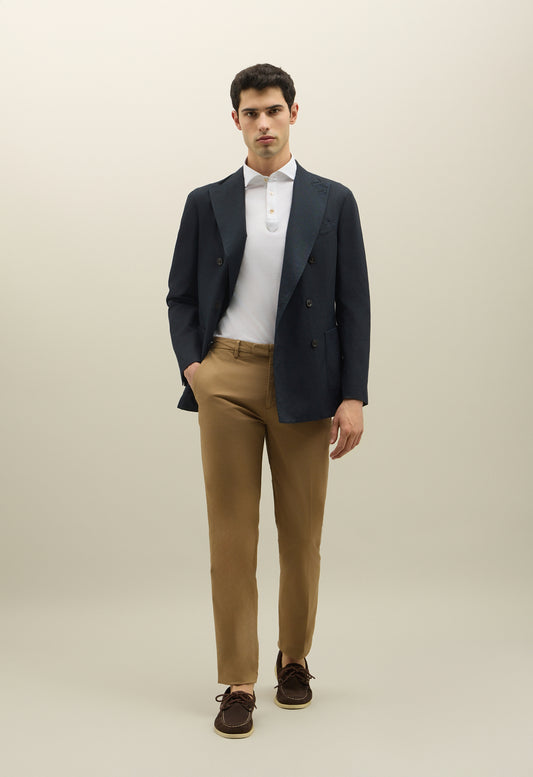 Blue Cotton Linen Twill Double-Breasted K-Jacket