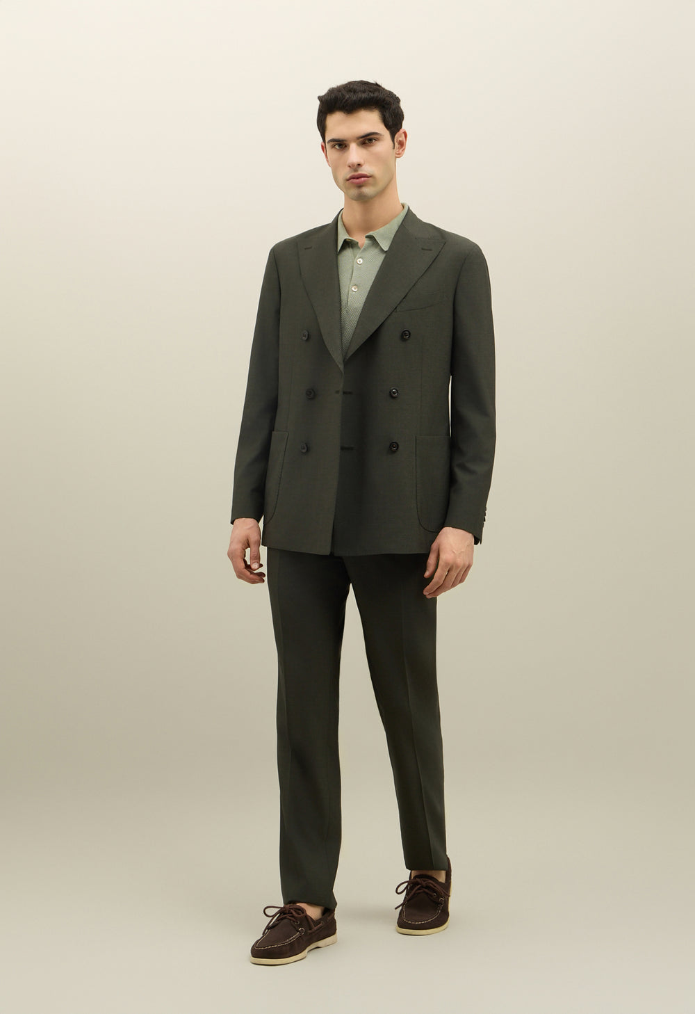 Grüner Zweireihiger K-Jacket-Anzug aus luxuriösem Wolle-Seiden-Canvas