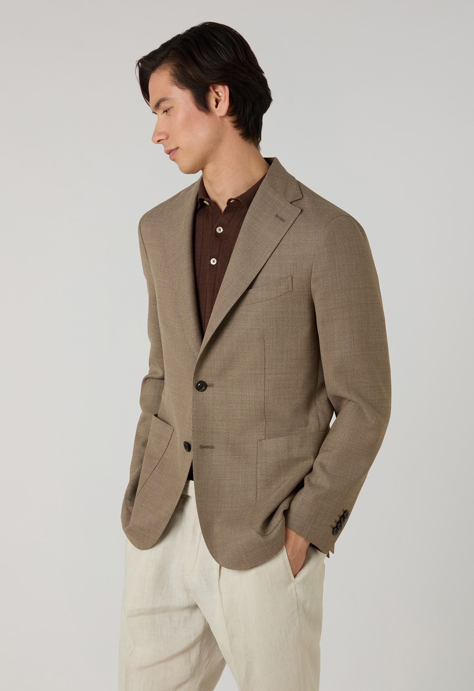 Light Brown Light Wool Honeycomb K-Jacket with Wide Lapels