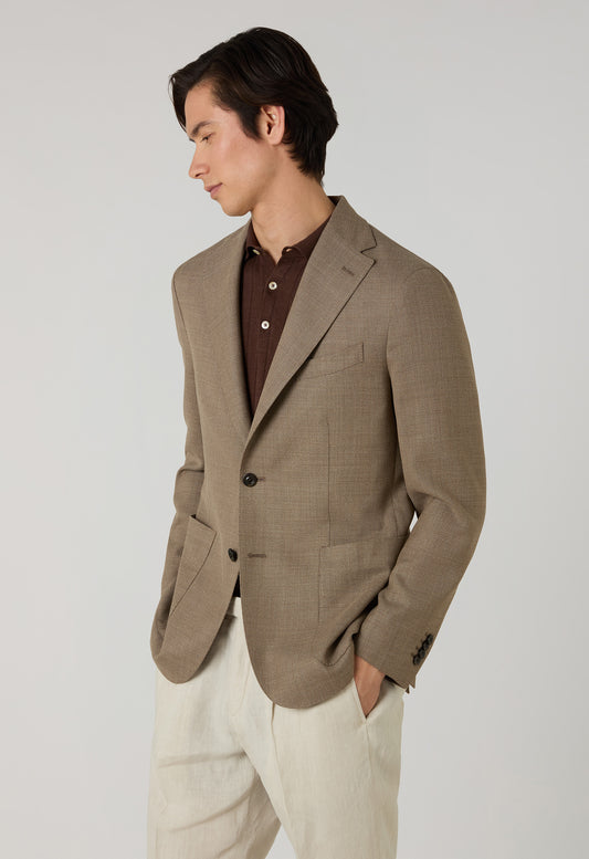 K-Jacket marrone chiaro in lana leggera a nido d’ape con revers ampi