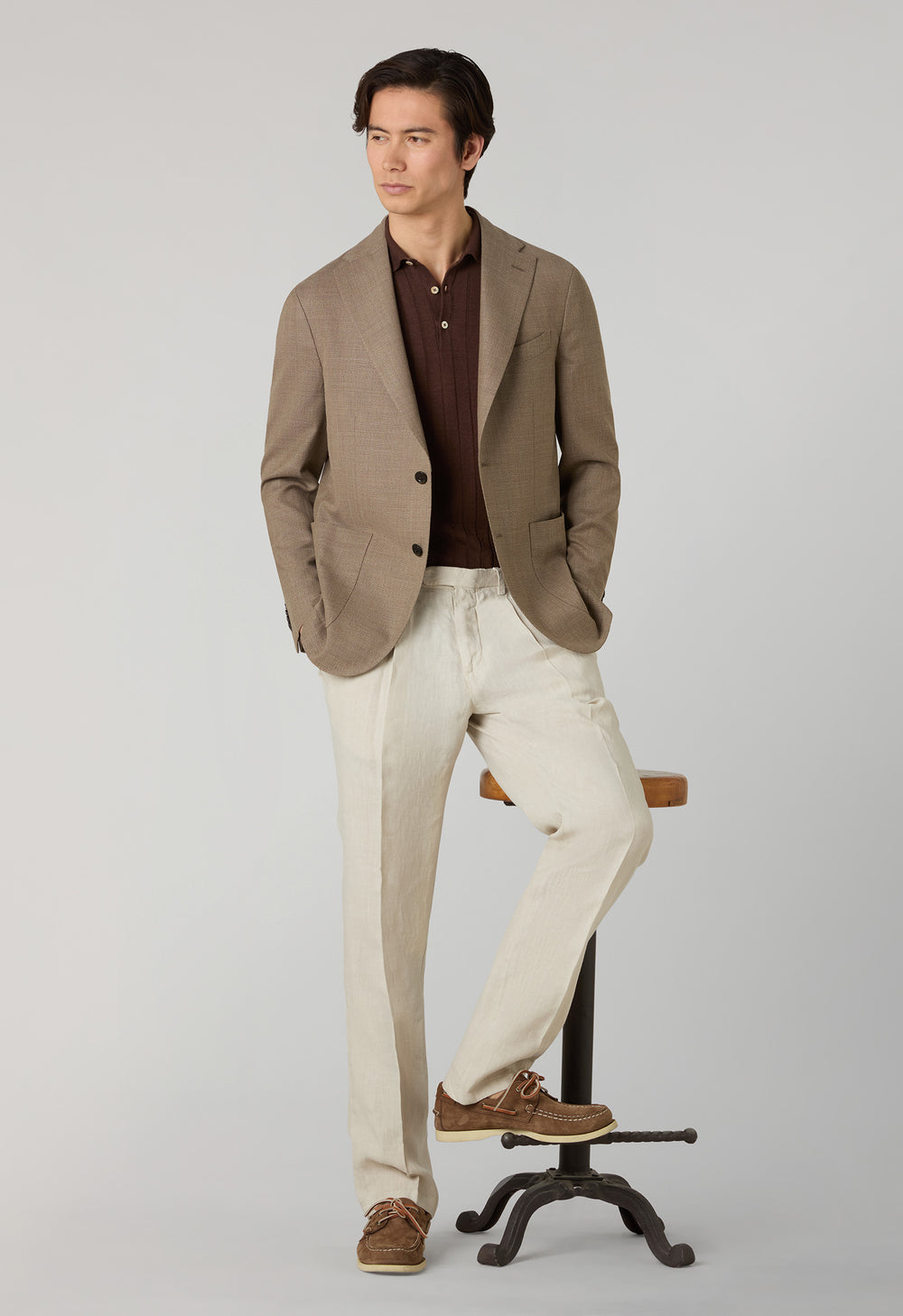 Light Brown Light Wool Honeycomb K-Jacket with Wide Lapels