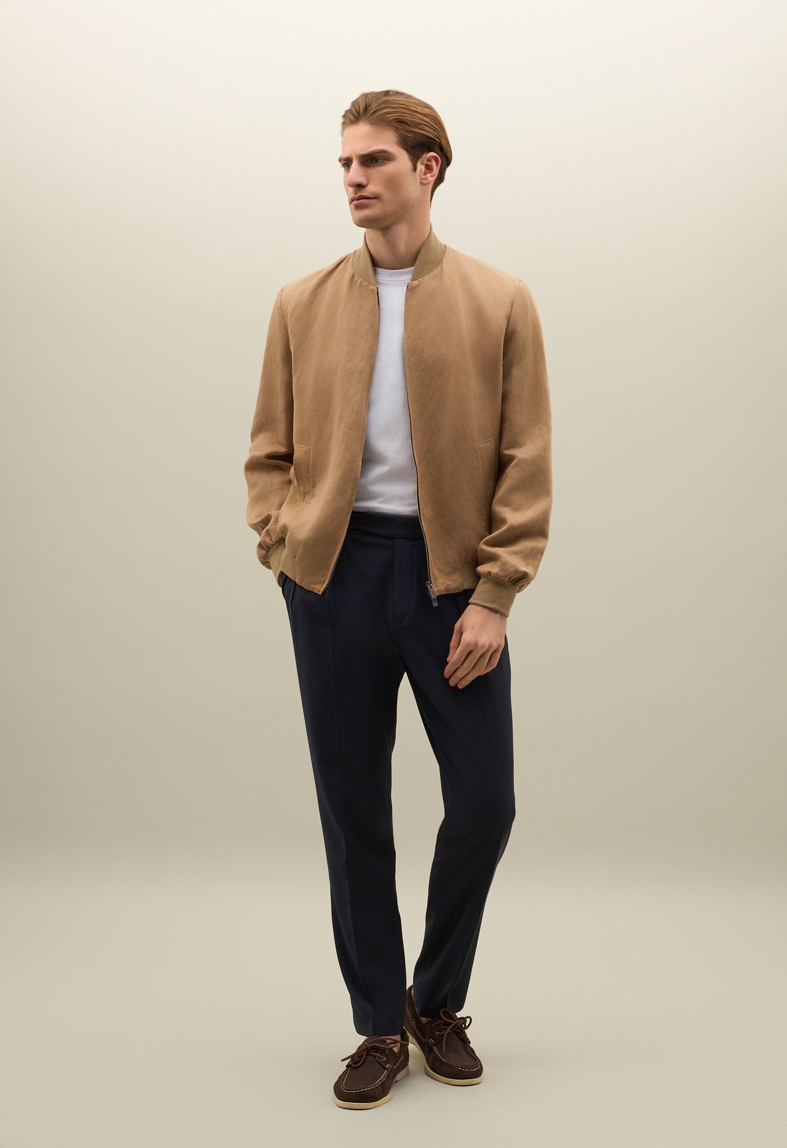 Dark Beige Linen Tencel Satin Bomber