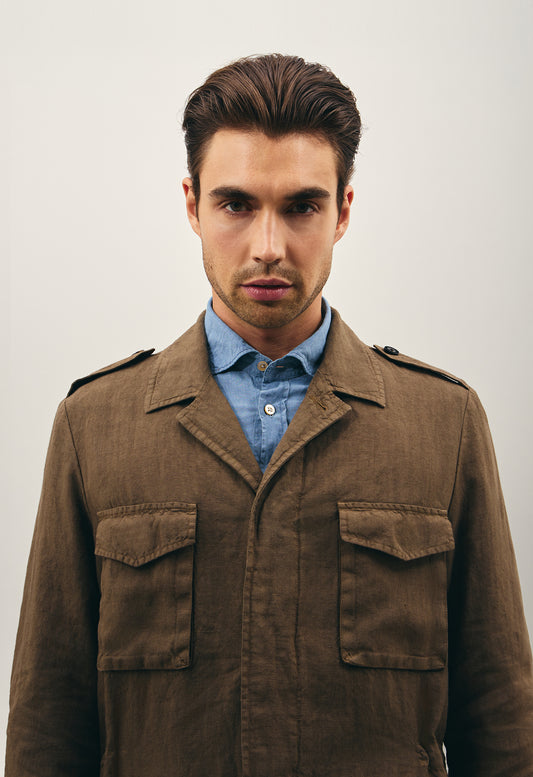Braune Stückgefärbte Field Jacket aus Leinen