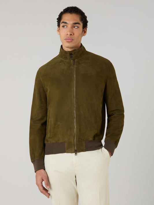 Dunkelkhaki Bomberjacke aus Veloursleder
