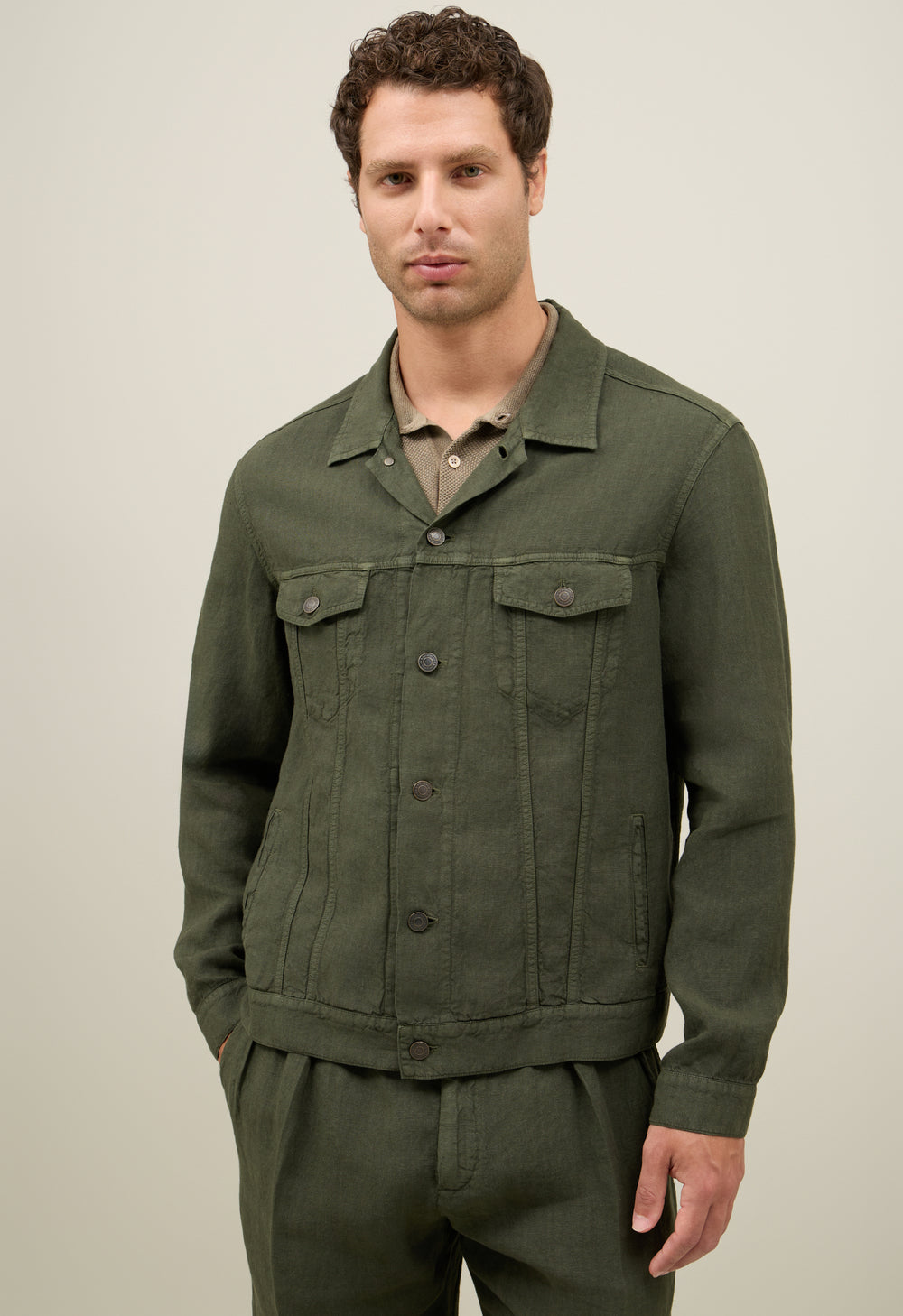 Green Garment Dyed Linen Biker Jacket