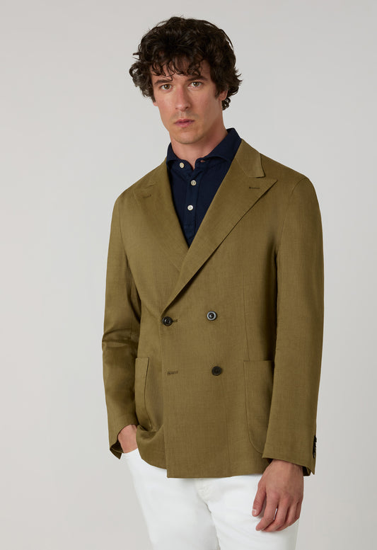 Grüne doppelreihige Sartoria-Jacke aus Leinen und Mohair