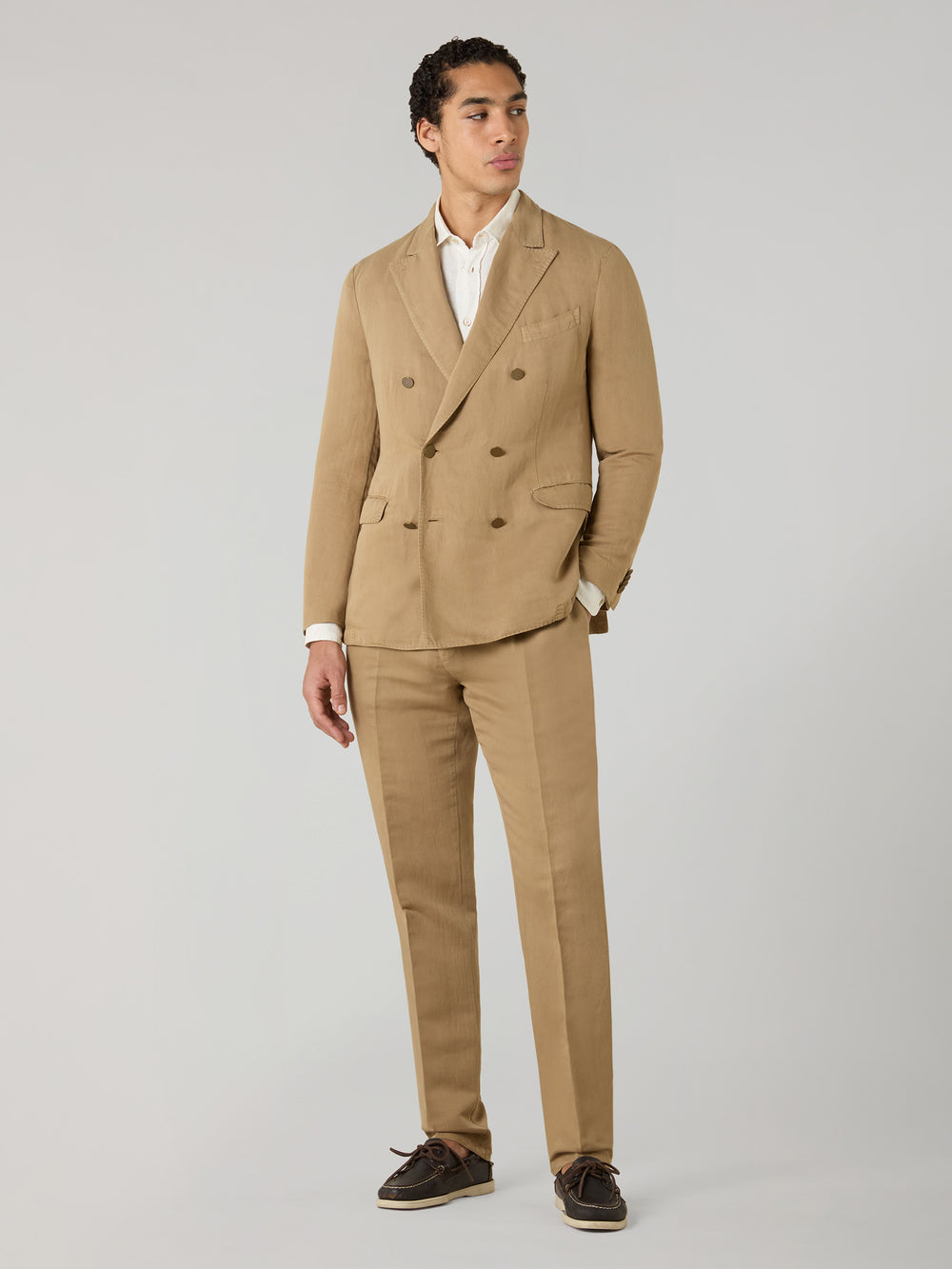 Camel Garment Dyed Cotton Linen Satin Double-Breasted Dover Suit