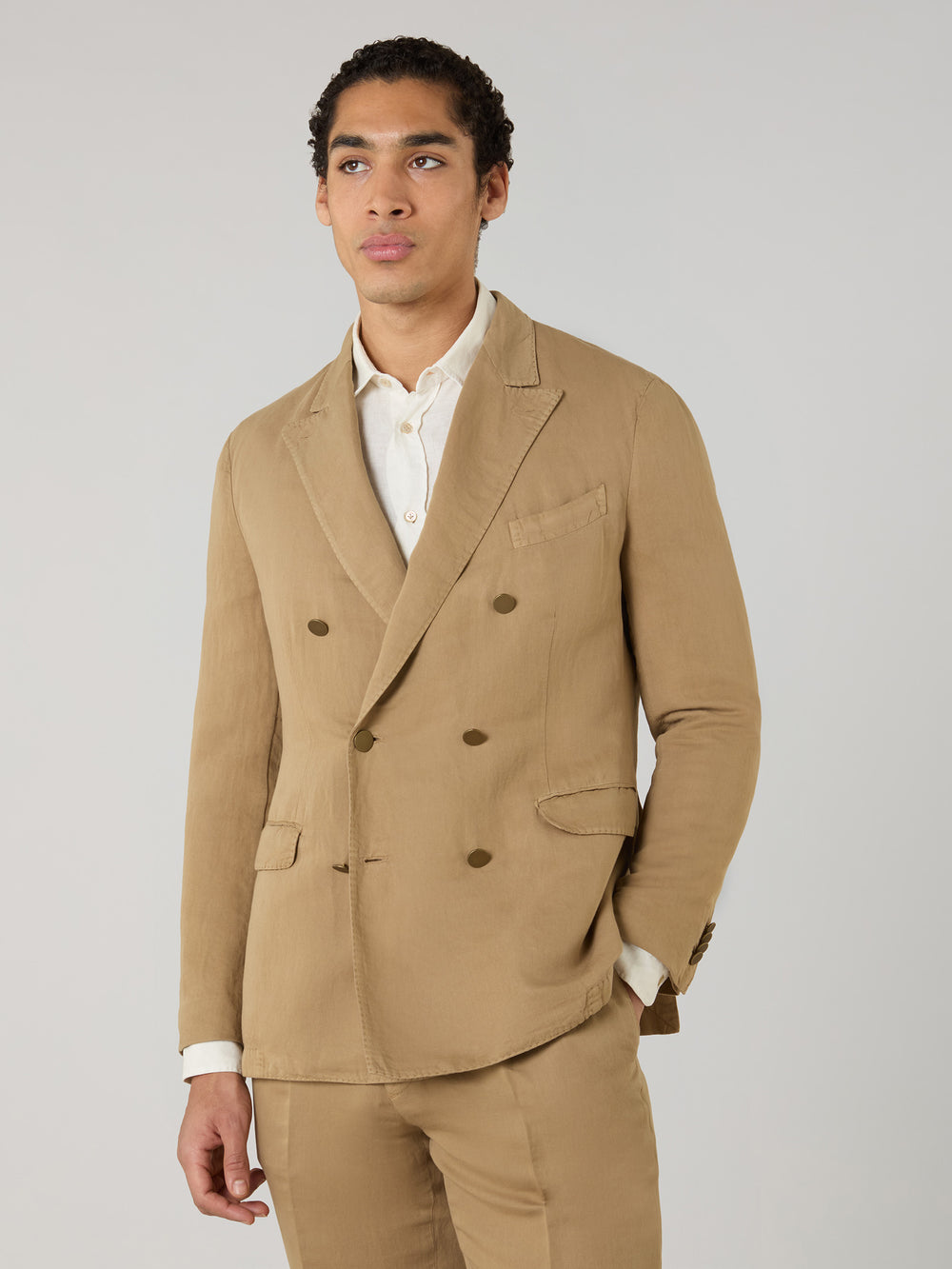 Camel Garment Dyed Cotton Linen Satin Double-Breasted Dover Suit