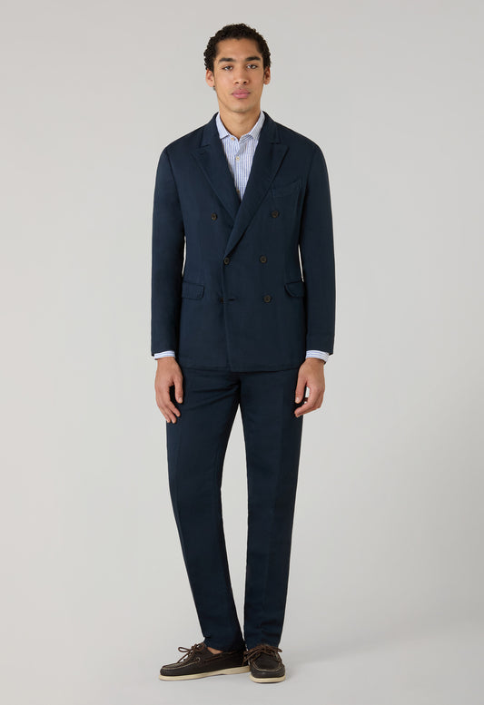 Blue Garment Dyed Cotton Linen Satin Double-Breasted Dover Suit