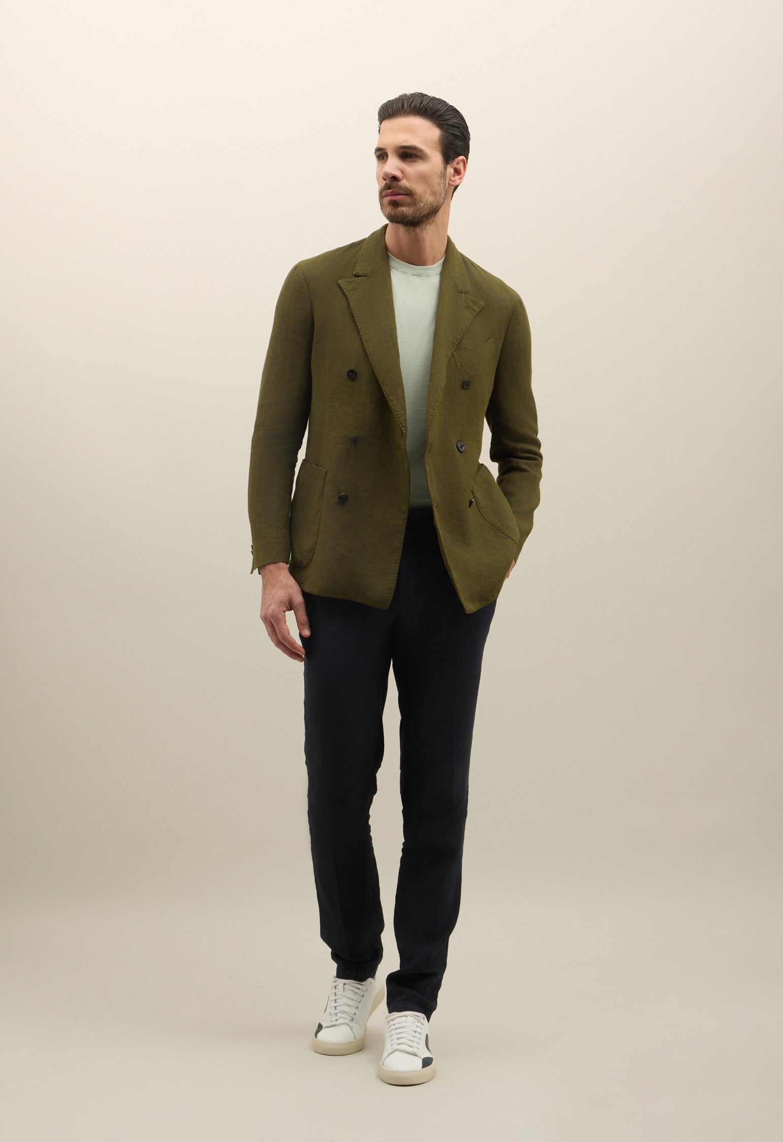 Green Garment Dyed Linen Double-Breasted Dover Jacket