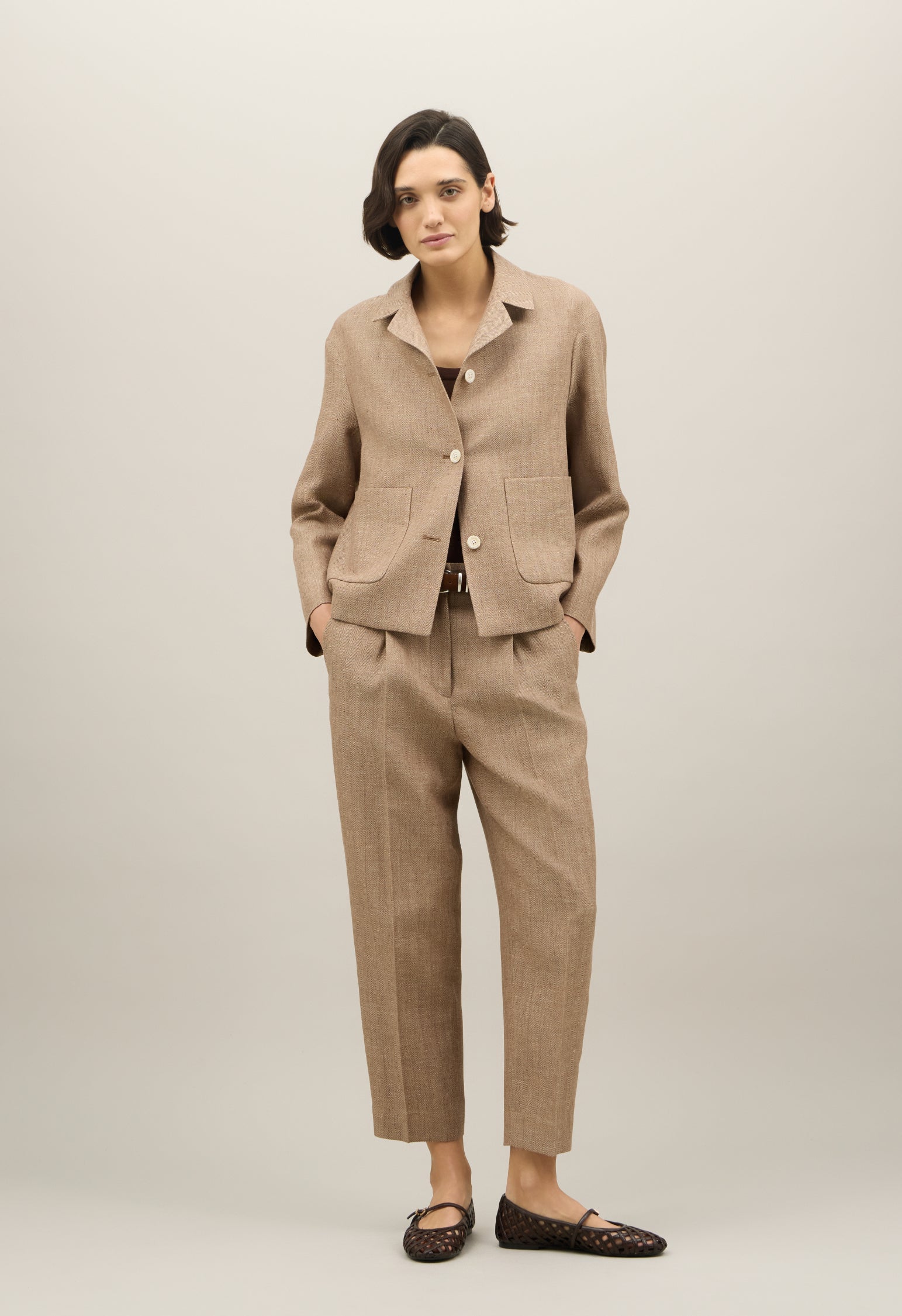 Blazer Margot in misto lino a spina di pesce marrone