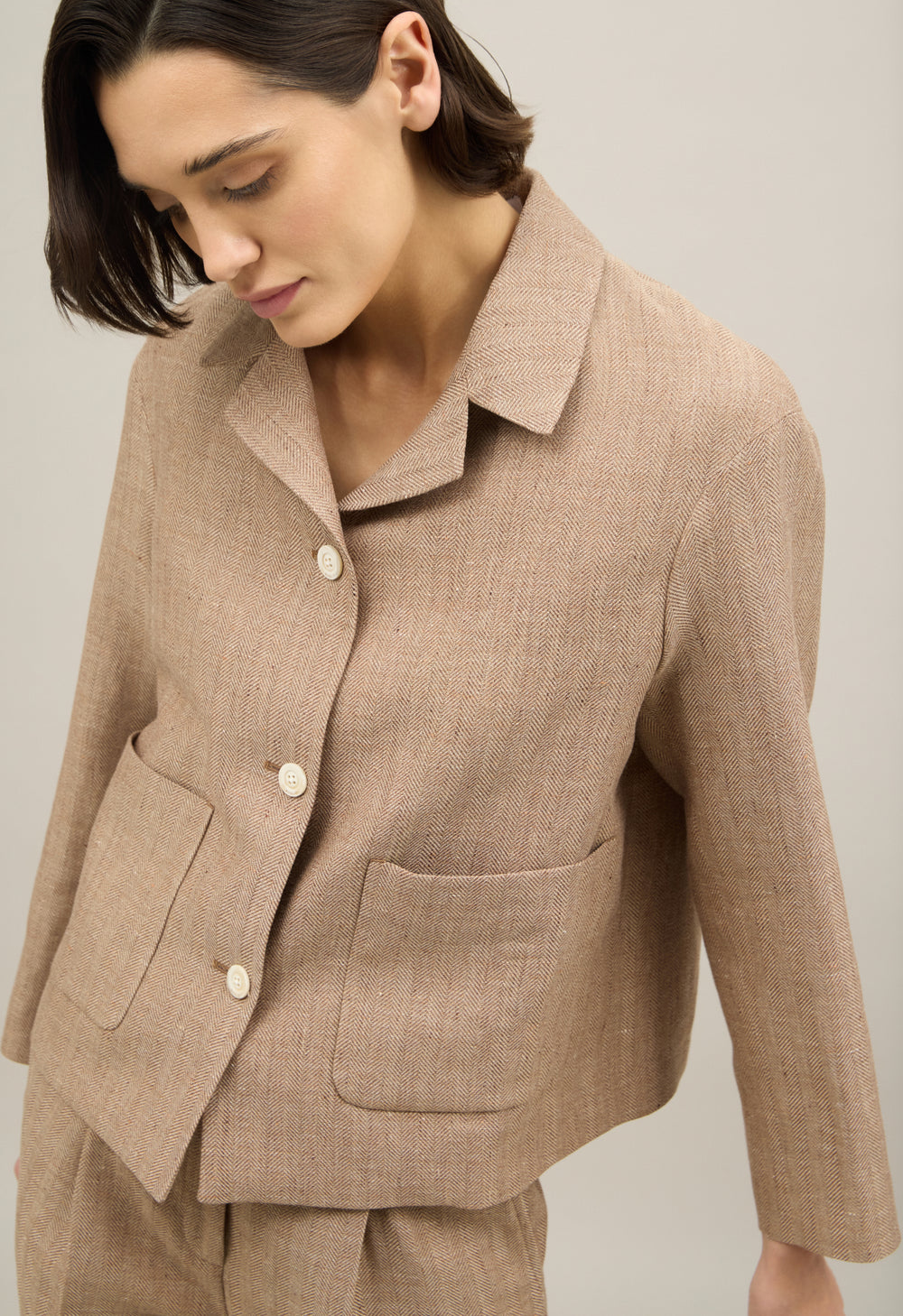 Brown Blended Linen herringbone Margot Blazer